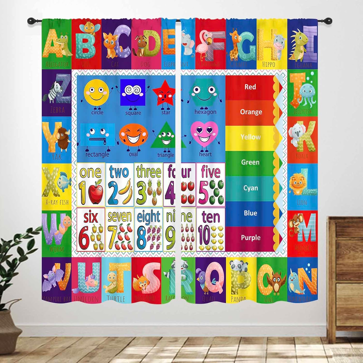 Abc Kids Early Education - ผ้าม่านลายตัวอักษรและรูปทรง ABC สีสันสดใส ลายสัตว์ ตัวเลข สำหรับการเรียนรู้เบื้องต้น