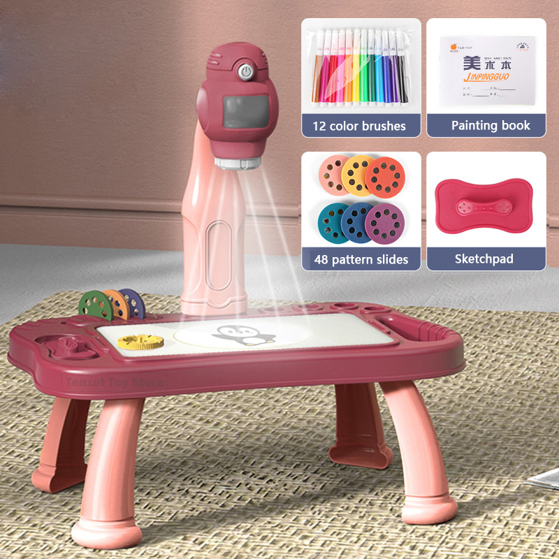 Kids Education Desk - ชุดโต๊ะวาดเขียนศิลปะโปรเจ็คเตอร์ LED สำหรับเด็กกระดานวาดภาพสำหรับเด็กโต๊ะงานฝีมือเพื่อการศึกษาเครื่องมือระบายสีเพื่อเป็นของขวัญสำหรับเด็กผู้หญิง