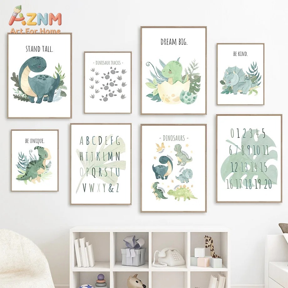 Inspirational Kids Education Quotes - ภาพวาดสีน้ำไดโนเสาร์ ตัวอักษร ตัวเลข บนผ้าแคนวาส พร้อมคำพูดสร้างแรงบันดาลใจ สำหรับตกแต่งห้องนอนเด็ก